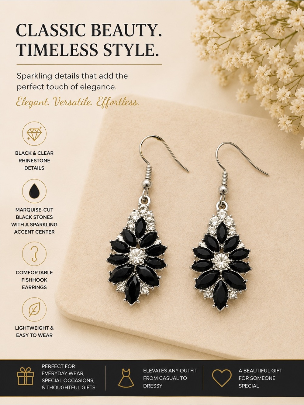 paparazzi Black and Clear Marquise Drop Earrings